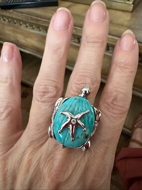 Turquoise Sea Turtle Statement Ring with Starfish Accent